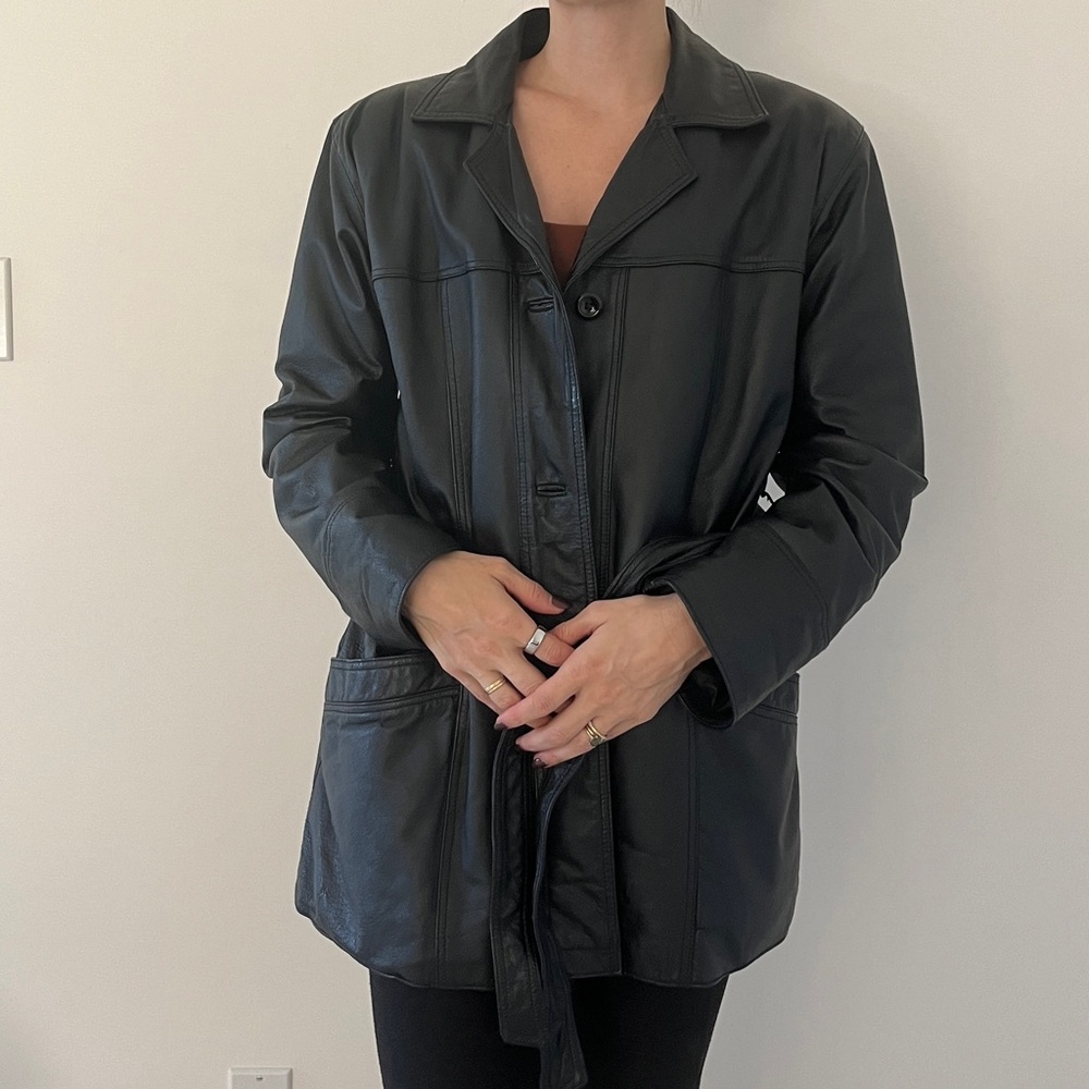 100% Italian Leather Vintage Coat Jacket with Belt